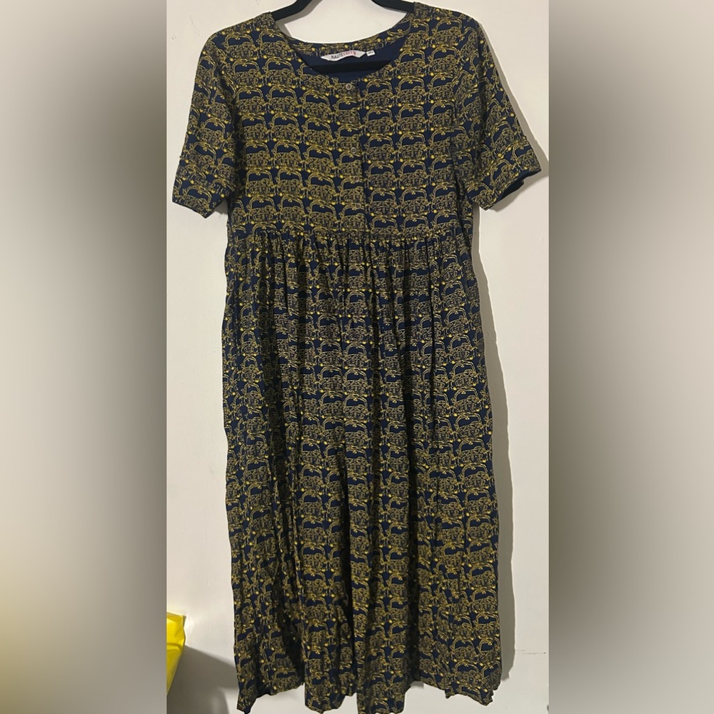 Haute Curry Navy Blue and Gold Midi Taxicab Pattern Dress